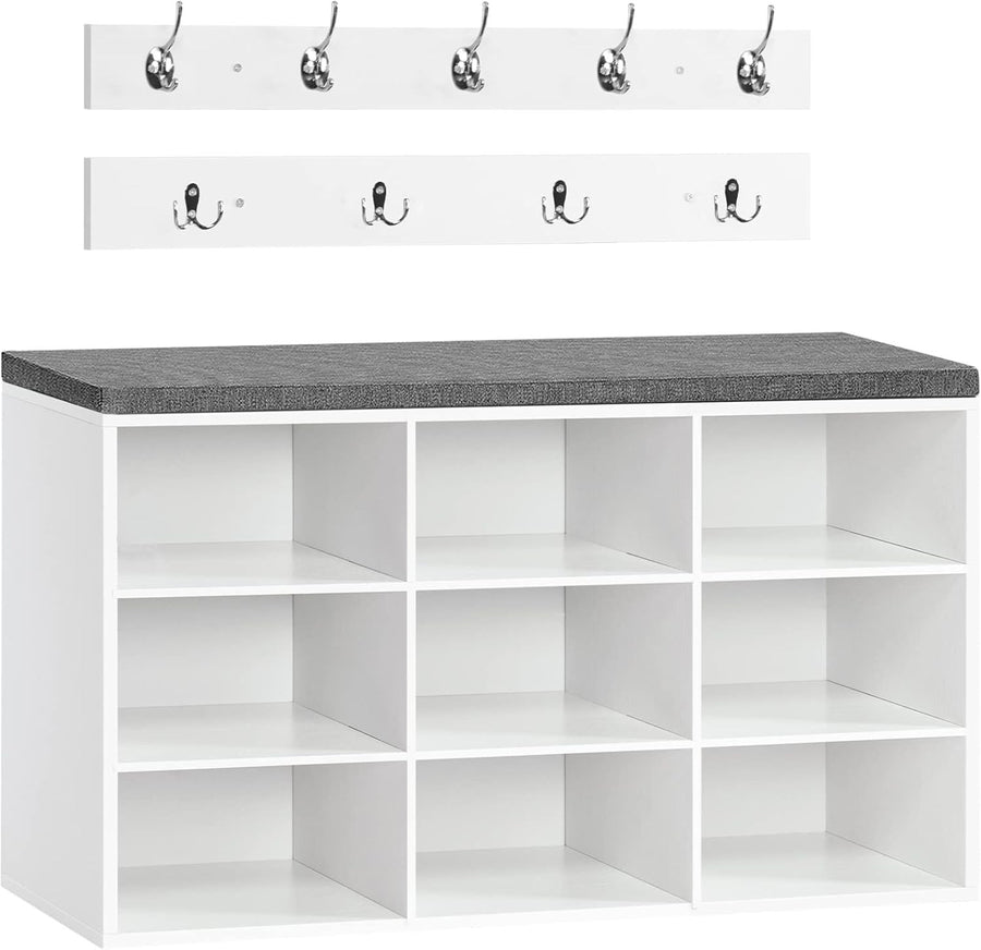 Shoe Storage Bench with Cushion & Hooks, 9 Cubbies, 80cm Hallway Unit
