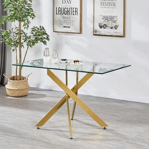 Small Rectangular Glass Dining Table 120x70cm Brushed Gold Metal Legs Modern