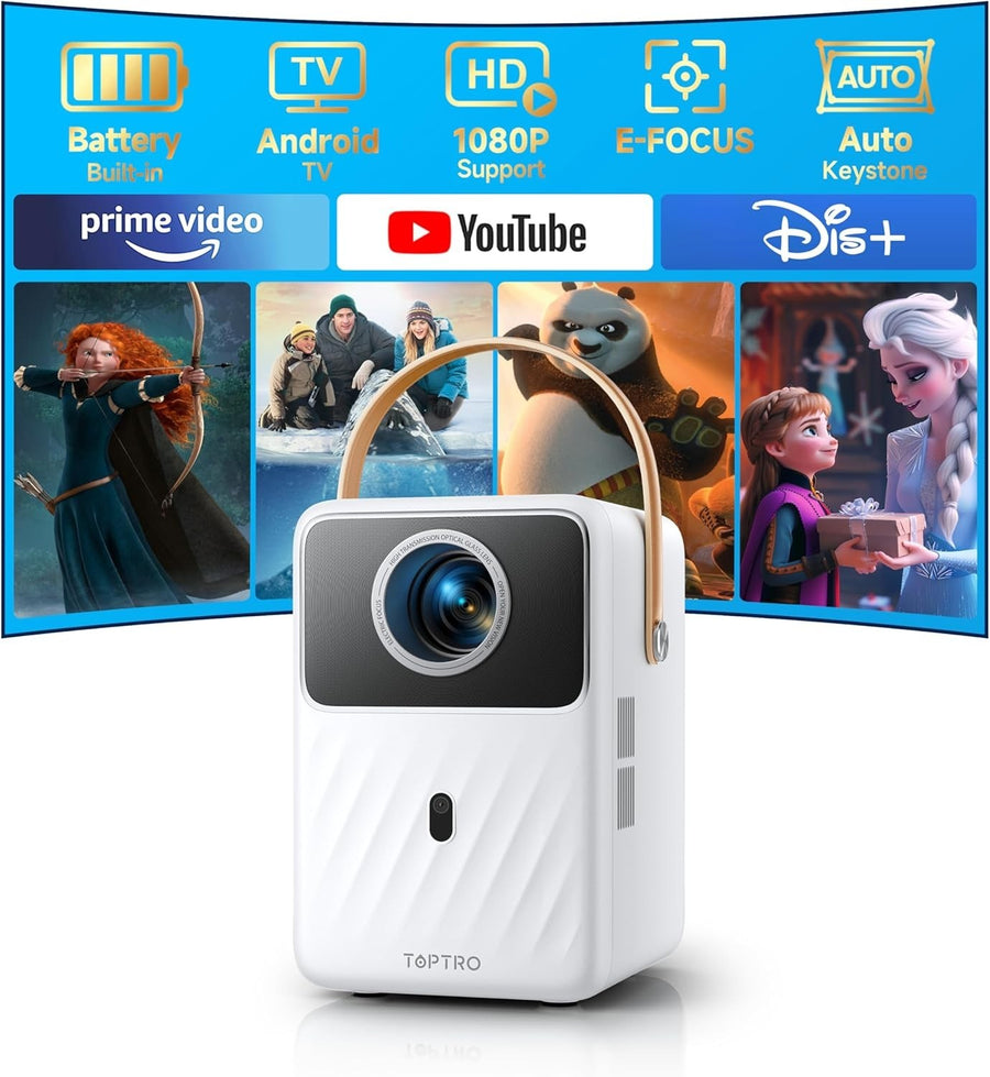 Battery Powered 1080P Smart Projector WiFi 6 Bluetooth Auto Focus Android