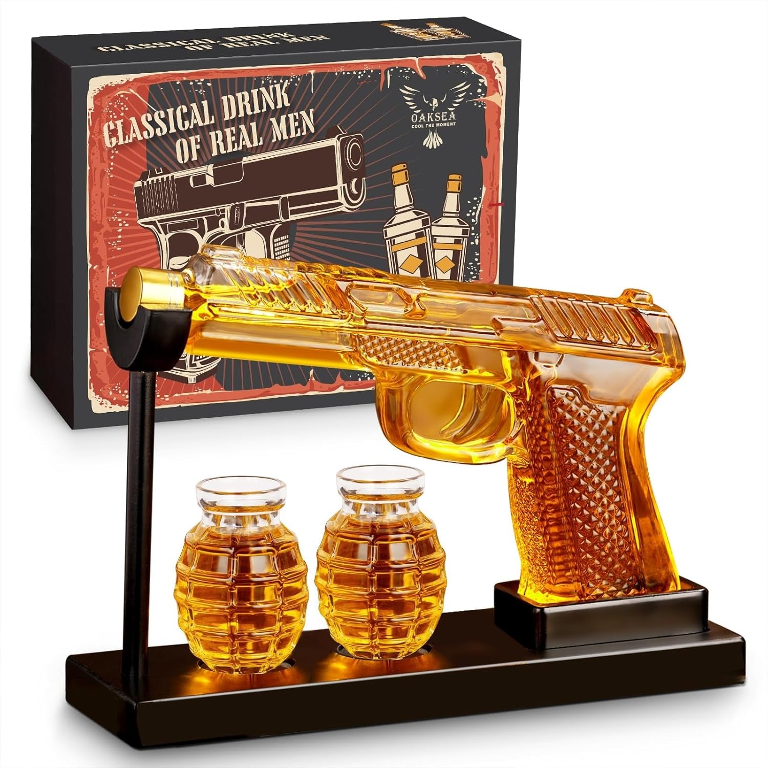 AK47 Whiskey Decanter Set with Stand & 2 Shot Glasses – 570ml Liquor Dispenser G