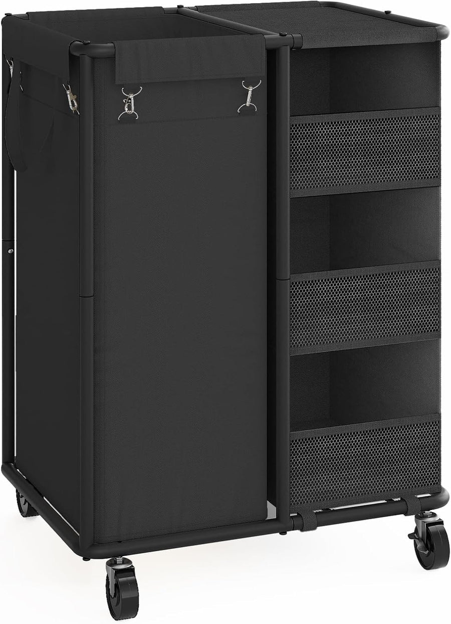 100L Rolling Laundry Sorter with Wheels Hanging Bag & Storage Shelves Black