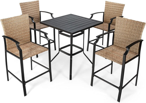 Outdoor Rattan Bar Dining Set 5 Piece High Table 4 Chairs Cushions Patio