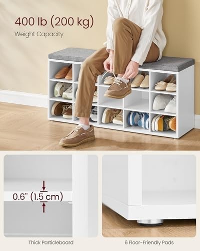 White Shoe Storage Bench with Cushion & 15 Compartments – Modern Hallway Unit