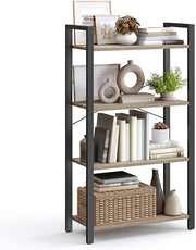 4-Tier Industrial Bookshelf Rustic Greige Metal Wood Storage Shelving Unit