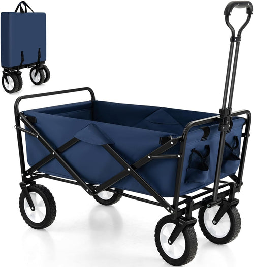 Navy Blue Folding Trolley Cart Collapsible Garden Wagon w/ Adjustable Handle