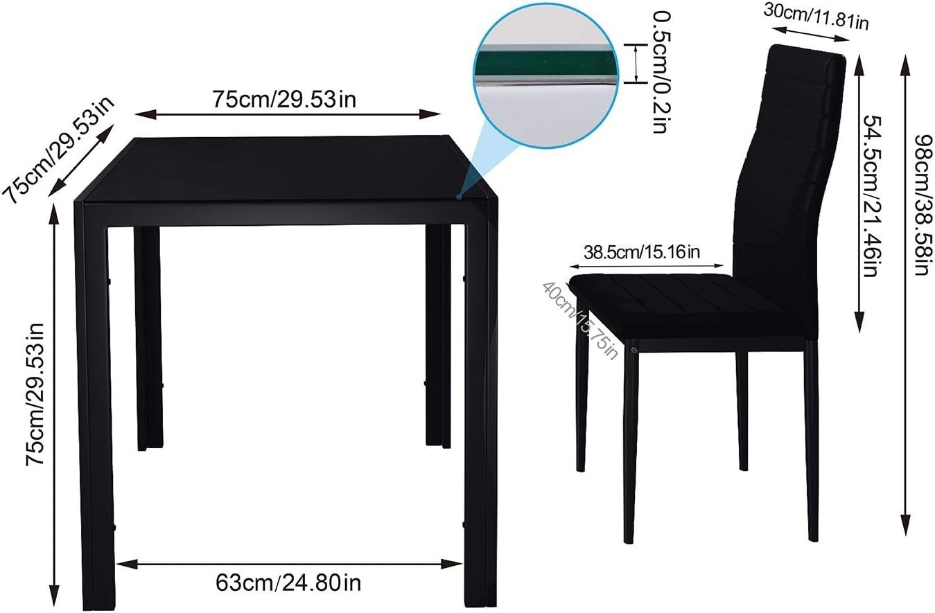 Modern 2-Seater Black Glass Dining Table with Faux Leather Chairs