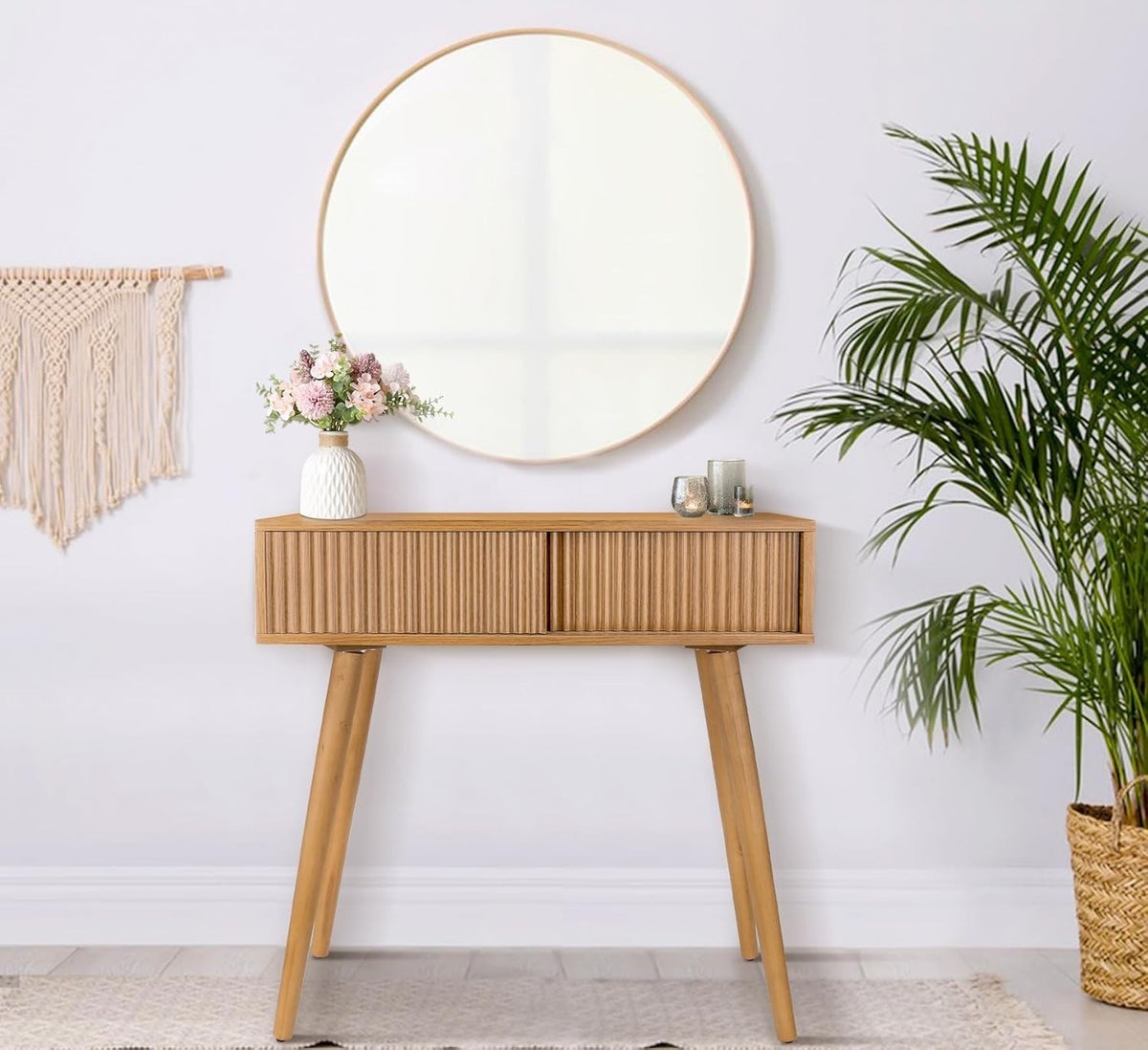 Brown Fluted Console Table with Drawer, Slim Entryway Vanity Desk