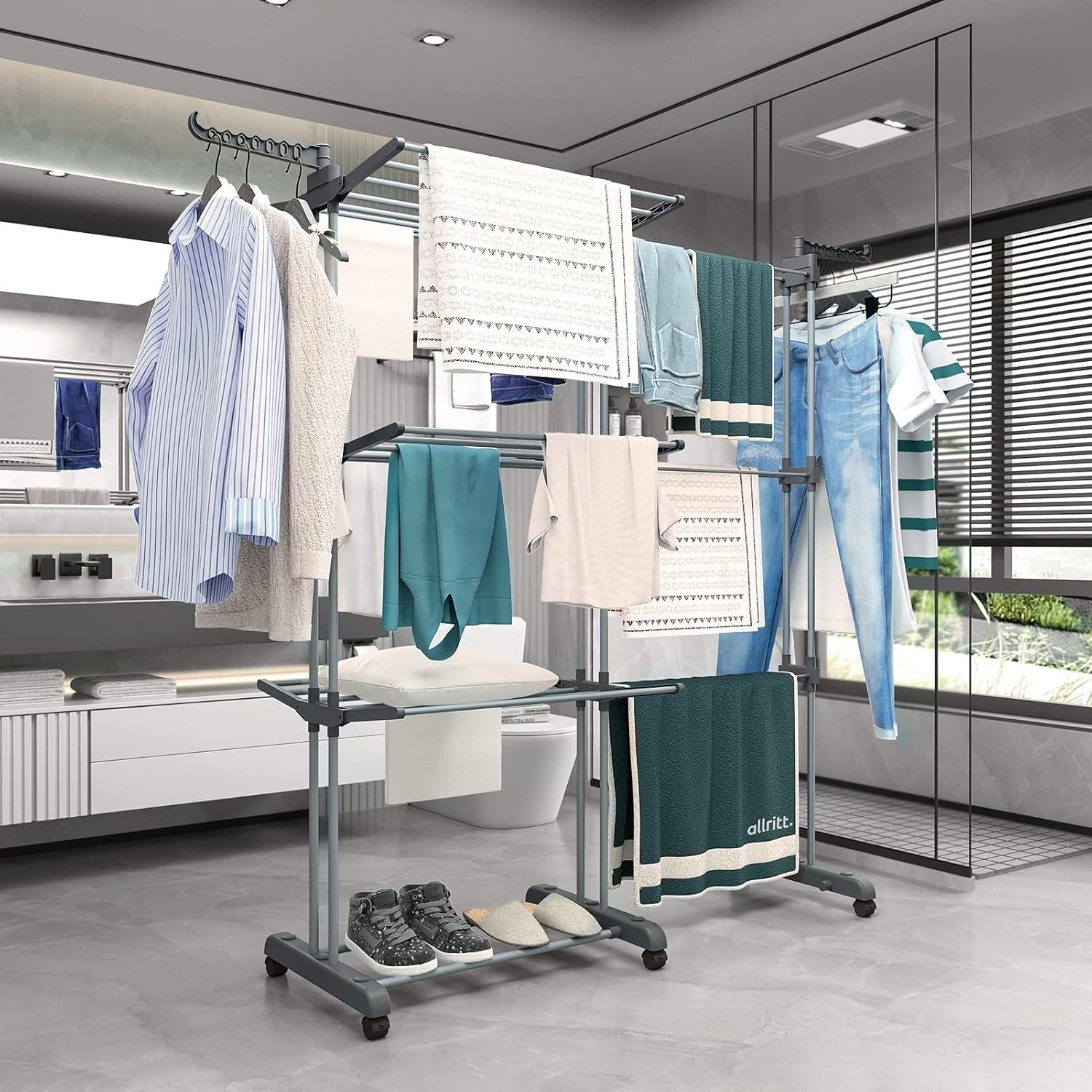4 Tier Clothes Airer Drying Rack Folding Rolling Large Capacity Indoor Outdoor