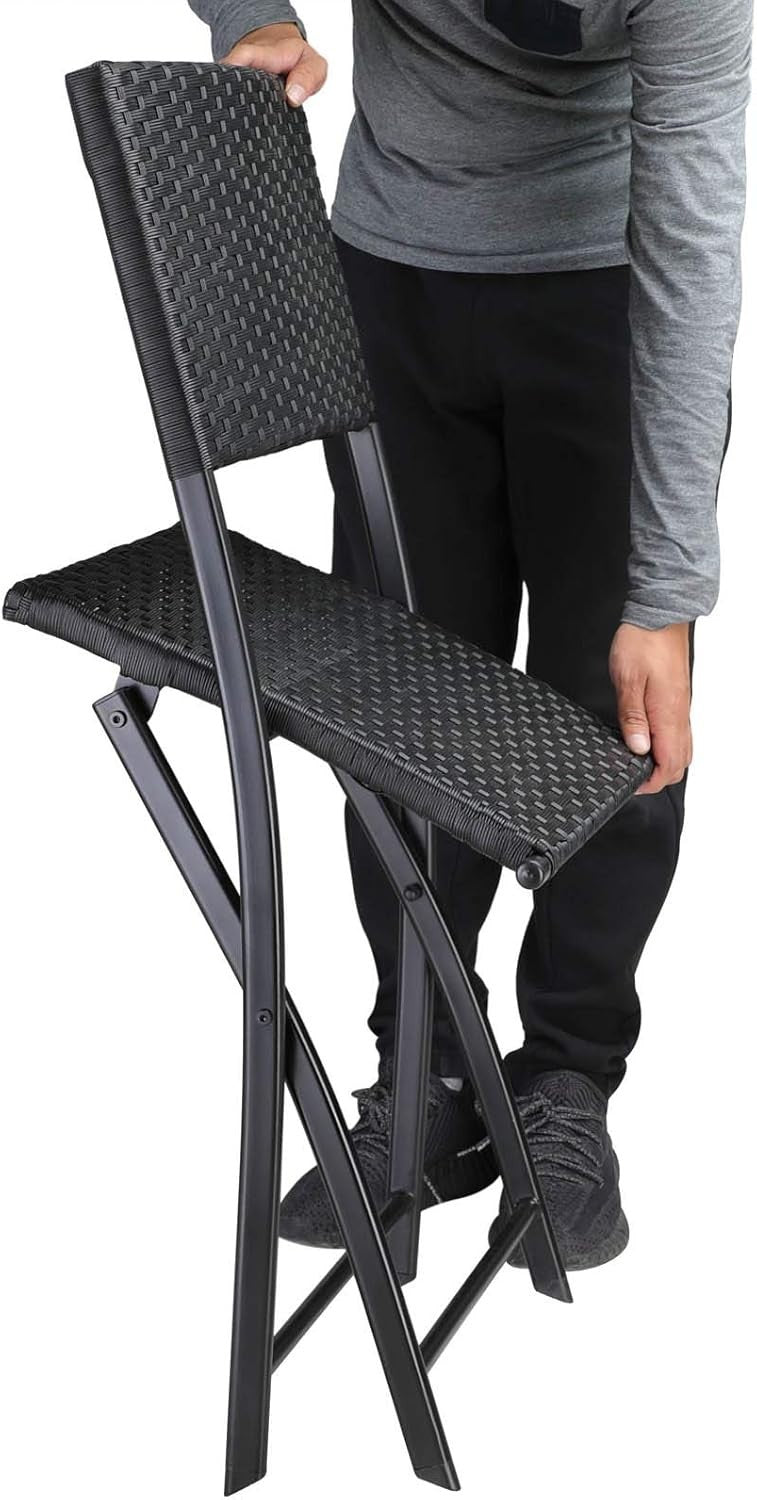 Black Folding Rattan Chairs Set of 2 Weatherproof Patio Balcony Bistro Seats