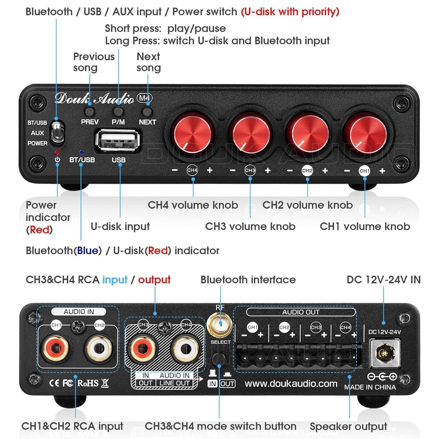 Bluetooth 5.0 HiFi Stereo Amplifier 4 Channel 50W x4 USB RCA