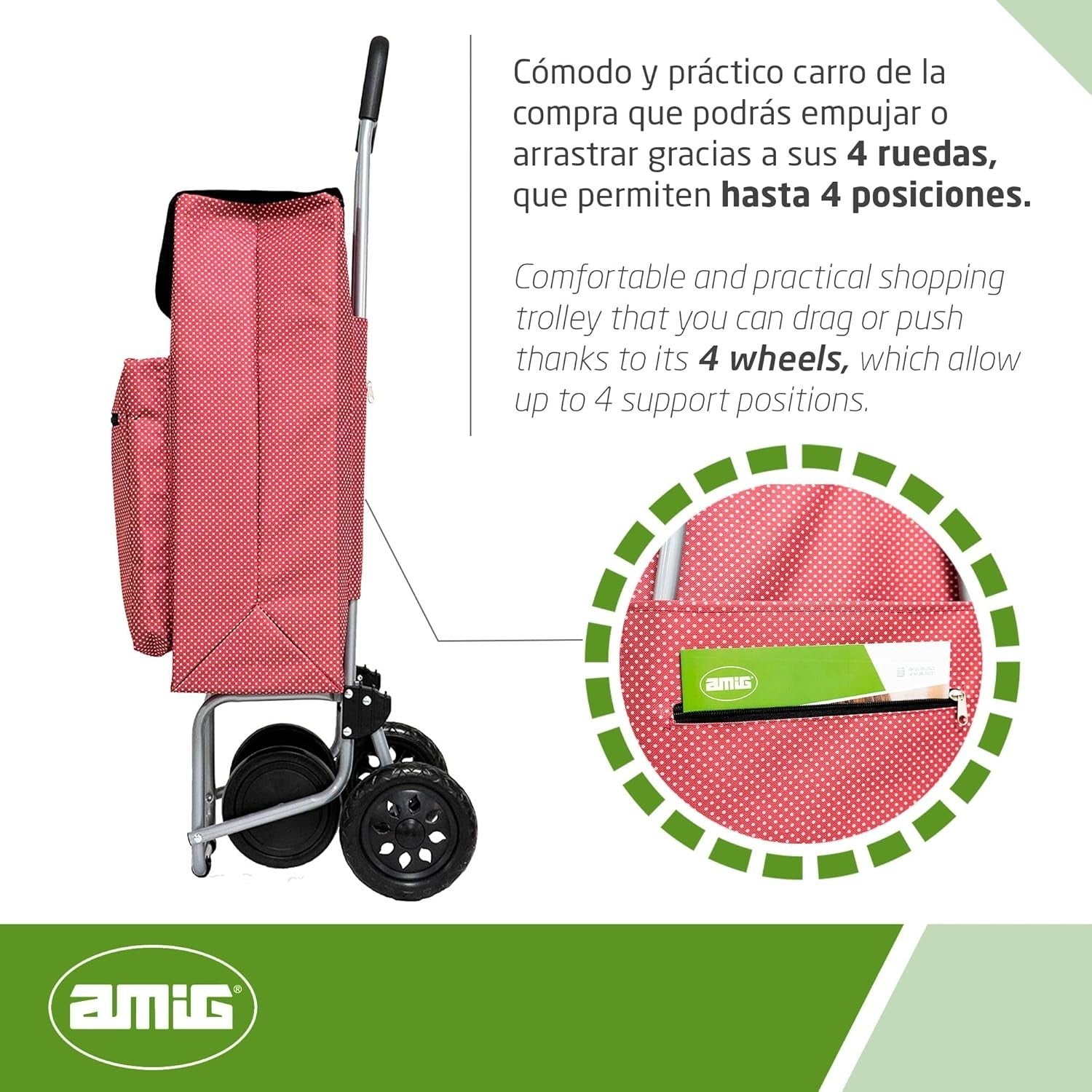 Red & White 4-Wheel Shopping Trolley 48L Large Capacity Freezer Pocket