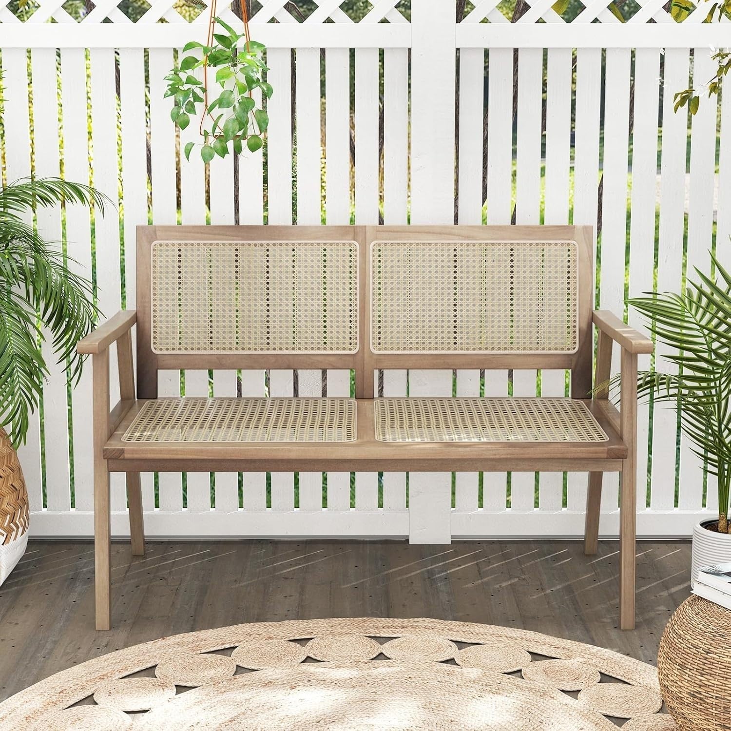 2 Seater Garden Bench with Rattan Seat Natural Wood Patio Love Seat