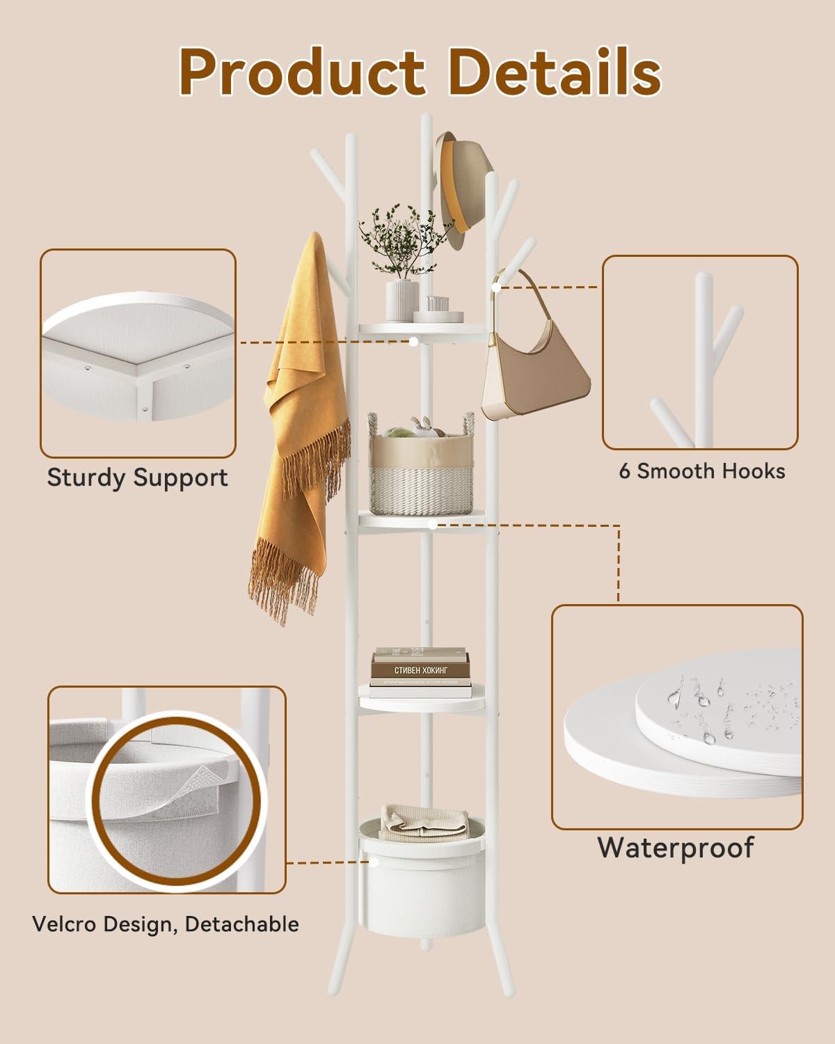White Freestanding Coat Rack with Shelves | 169cm Metal Hall Tree Stand