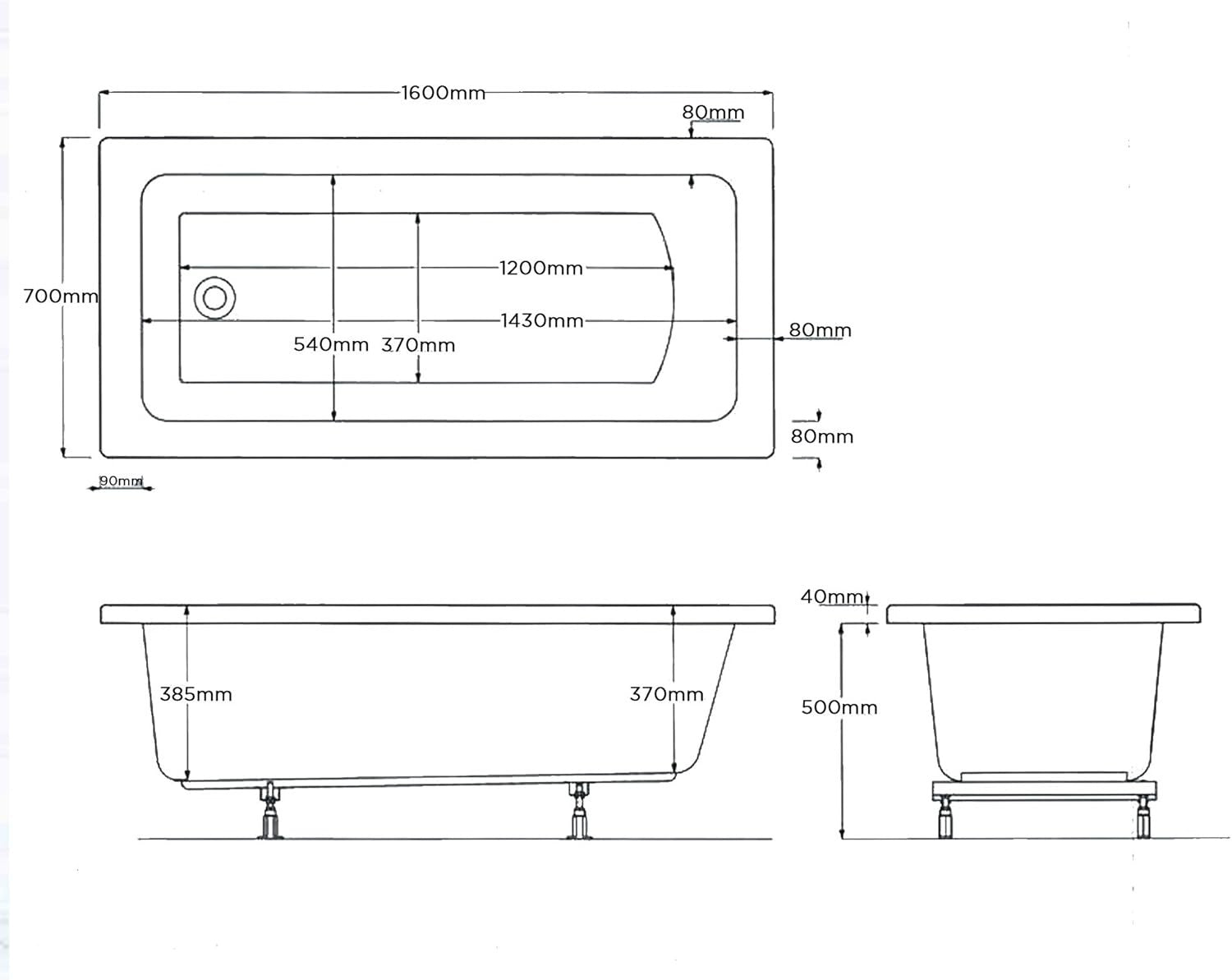 1600x700mm Single Ended Square Bath White Gloss Acrylic Adjustable Feet