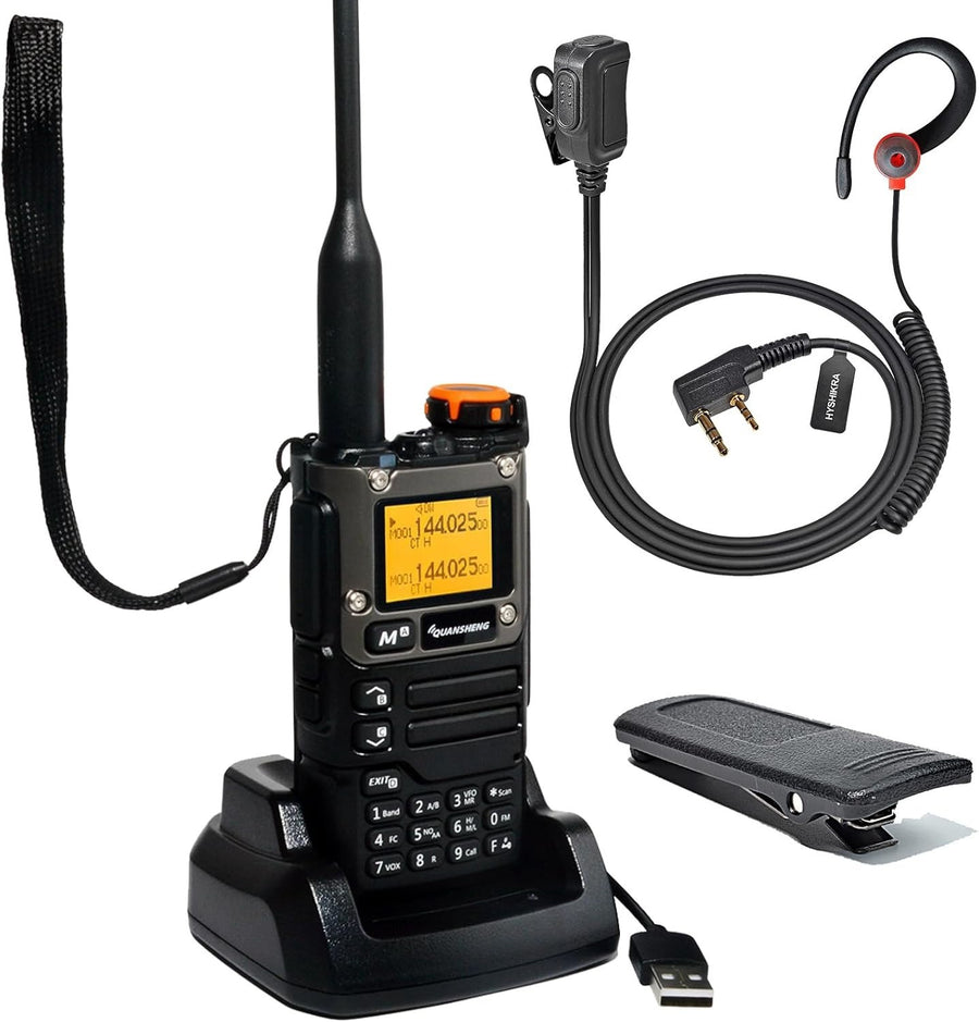 Dual Band Walkie Talkie VHF UHF NOAA Long Range Black Red G Earpiece