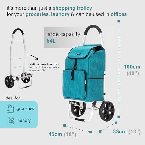 Foldable 64L Shopping Trolley Teal Lightweight Cart with Wheels
