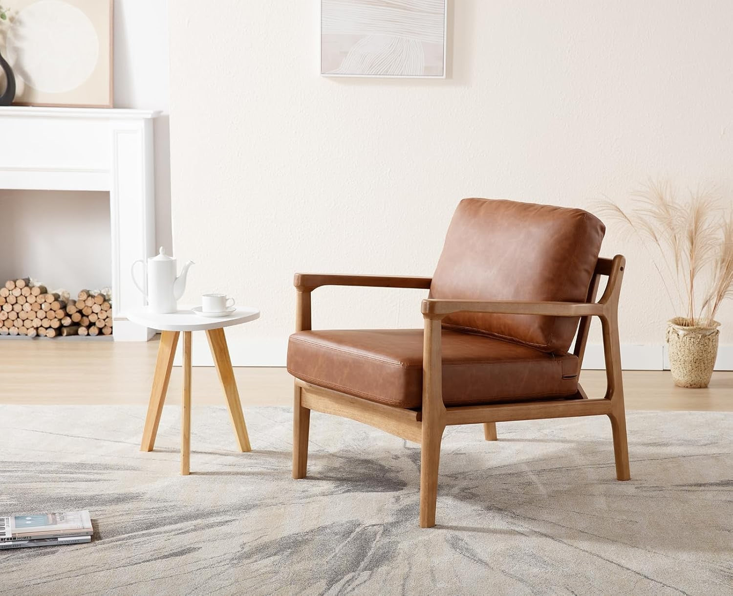 Brown PU Leather Accent Chair Retro Tub Armchair Wood Frame
