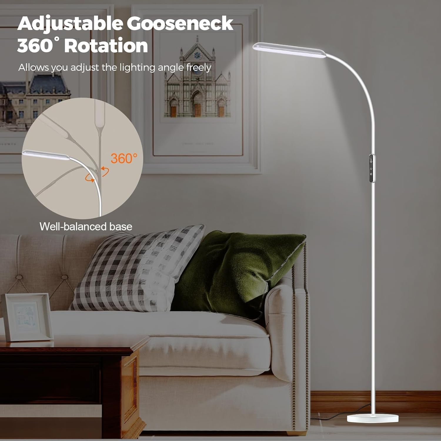 Dimmable Floor Lamp Touch Control Adjustable Reading Standing Lamp White