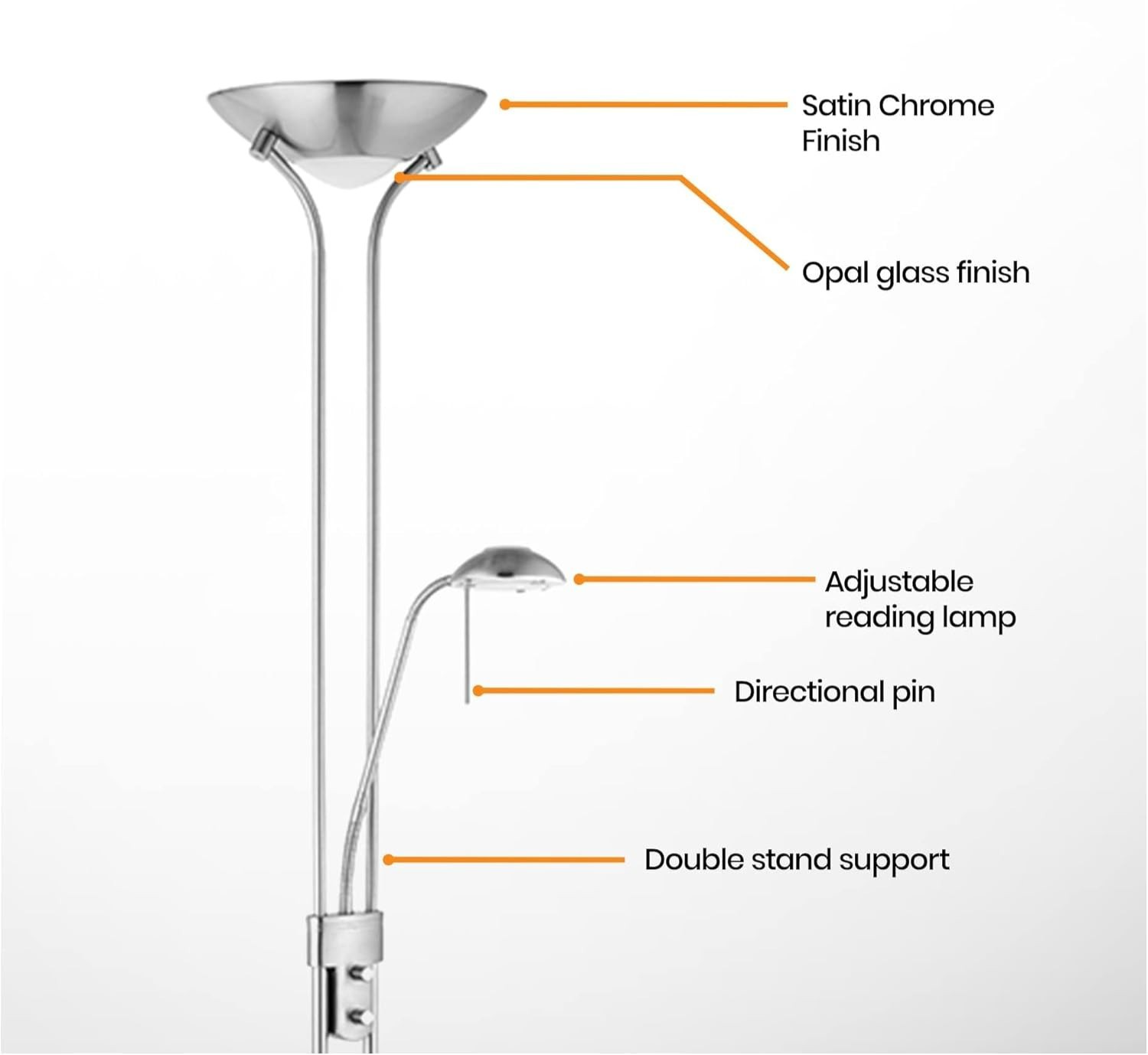 Satin Chrome Floor Lamp with Reading Light – 180cm Tall Dimmable Uplighter
