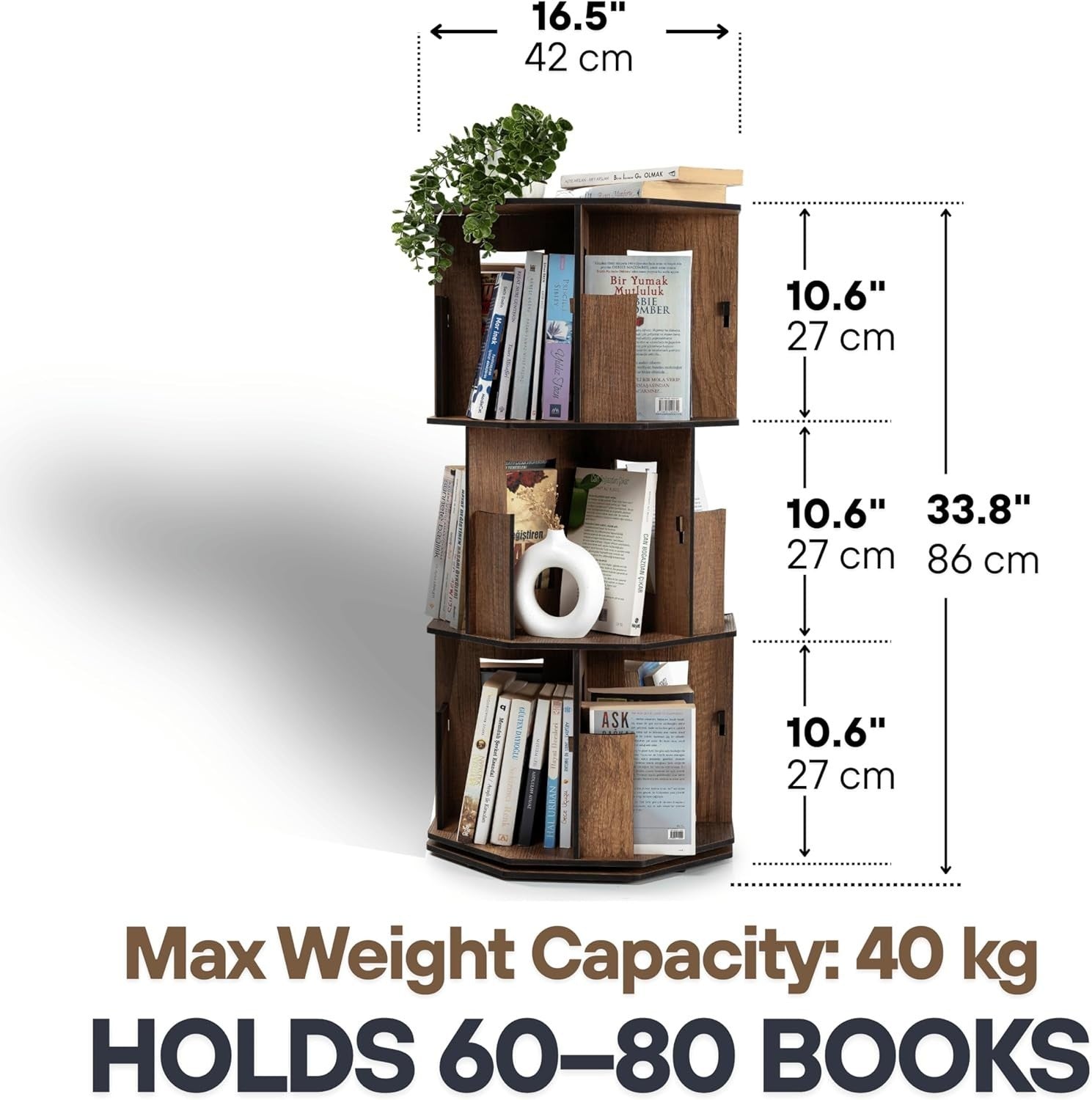 3 Tier Rotating Kids Bookshelf Walnut Corner Shelf Wooden Storage Organizer