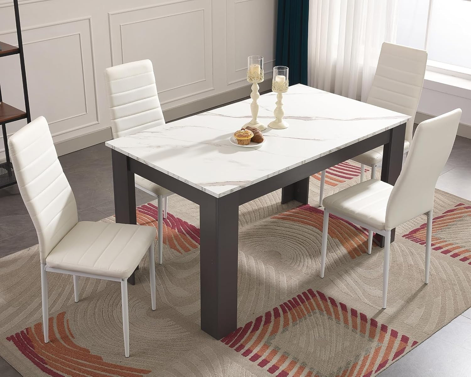 Modern Marble White Dining Table Set with 4 PU Leather Chairs 120x80cm