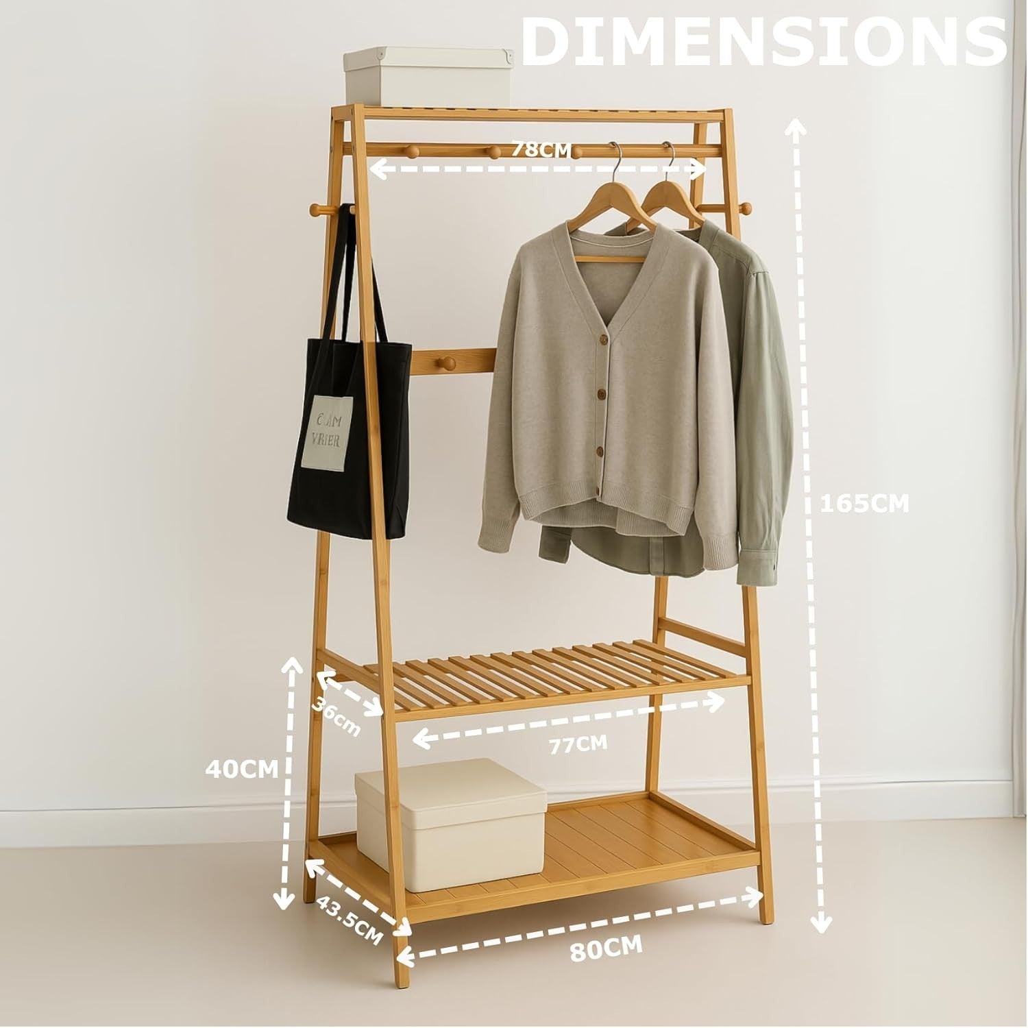 Wooden Clothes Rail Bamboo Garment Rack with Shelves