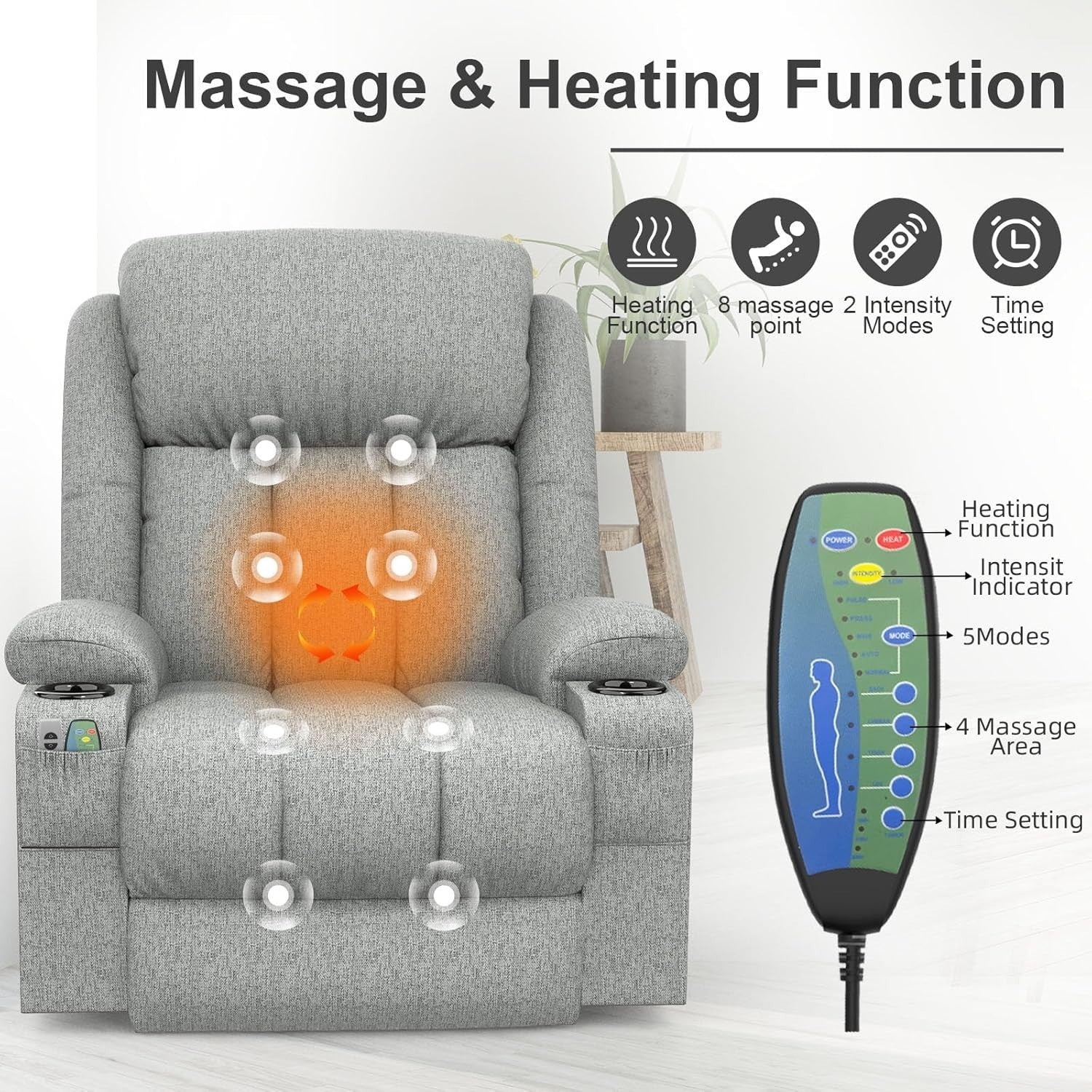 Power Lift Recliner Chair Massage Heat USB Ports Cup Holders Fabric Light Grey