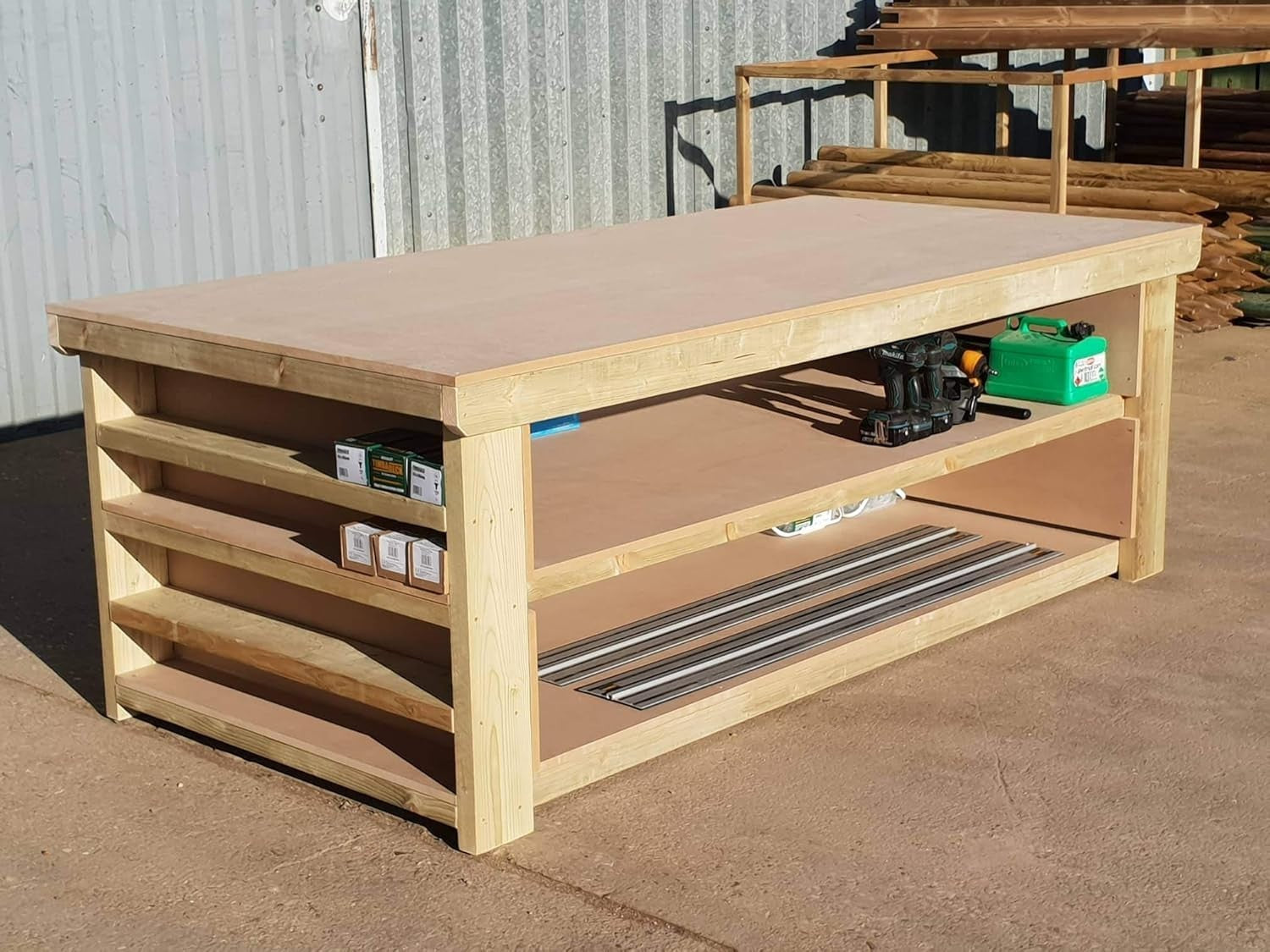 4ft Heavy Duty MDF Workbench with 2 Shelves & Side Storage Fabric Cutting Table