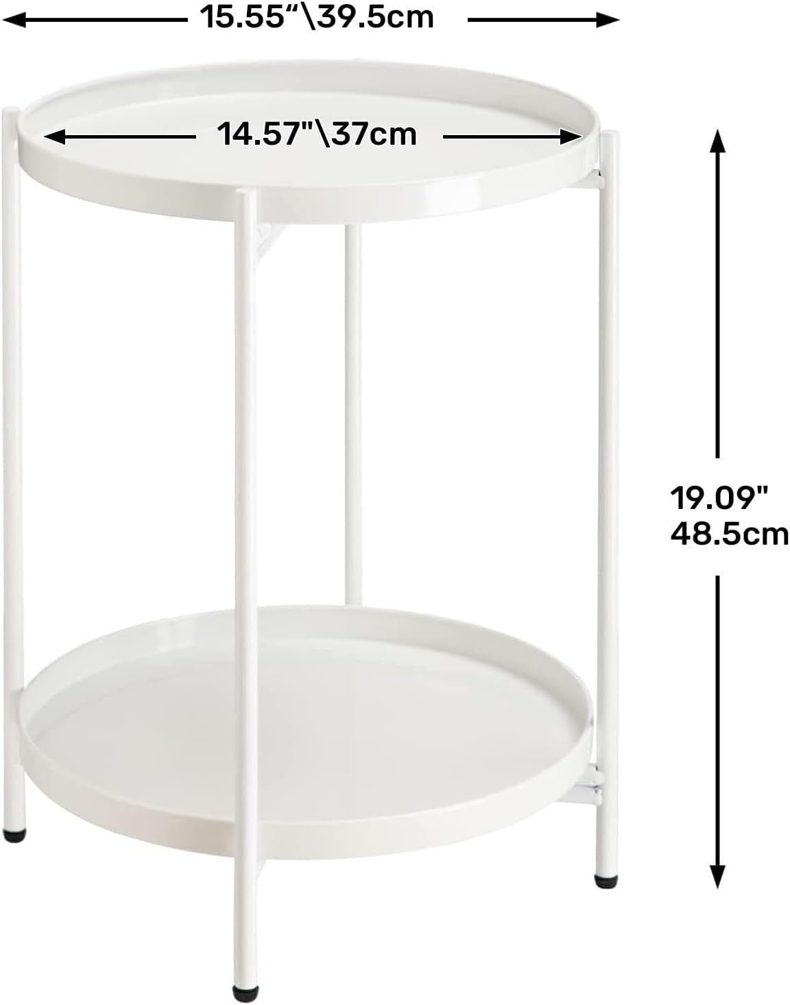 Small Round Metal Side Table 2-Tier Coffee Table Removable Tray White