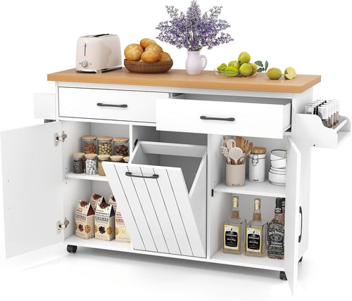 Mobile Kitchen Island Cart with Trash Storage, Adjustable Shelves.
