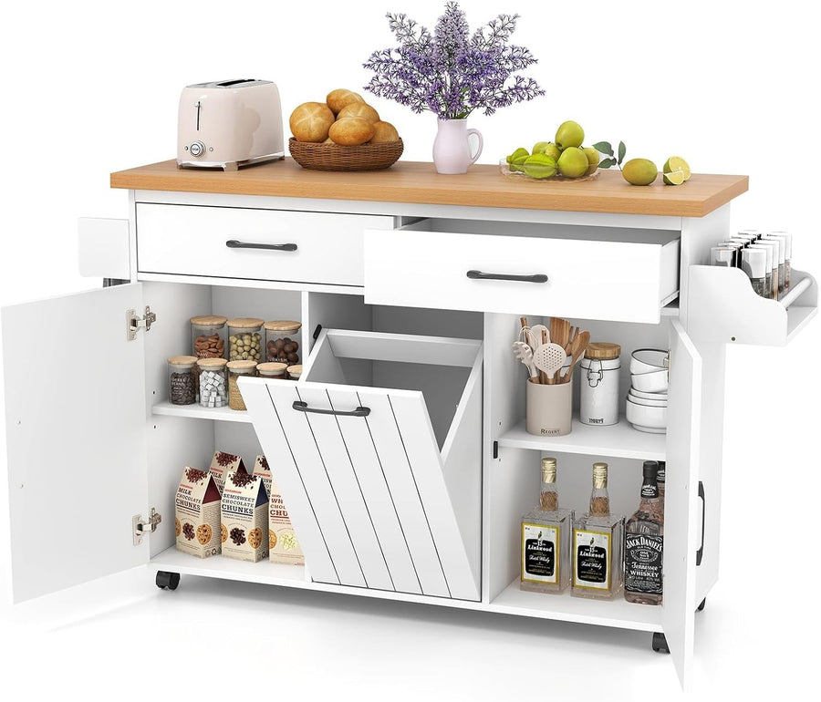 Mobile Kitchen Island Cart with Trash Storage, Adjustable Shelves.