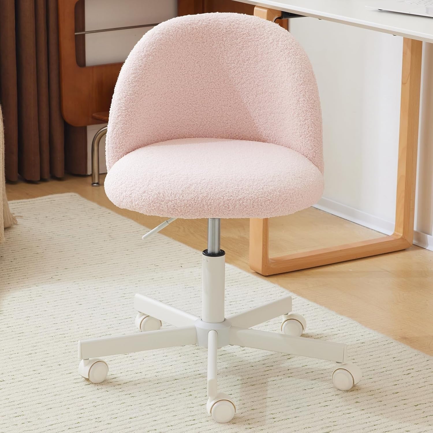 Light Pink Swivel Desk Chair Adjustable Height Small Faux Fur Vanity Seat