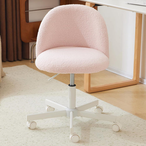 Light Pink Swivel Desk Chair Adjustable Height Small Faux Fur Vanity Seat
