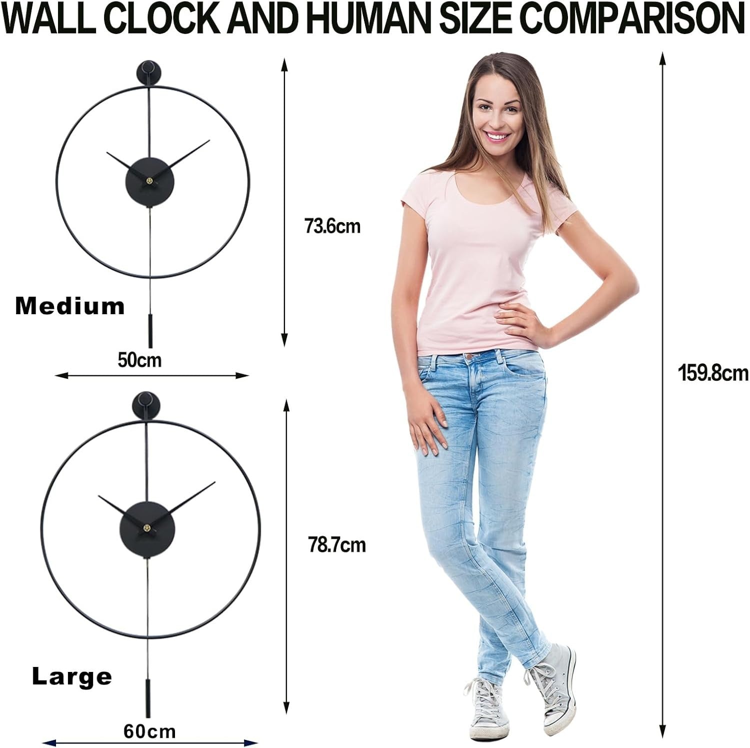 Silent Large Wall Clock with Pendulum - Modern Non-Ticking Metal Decor 24"