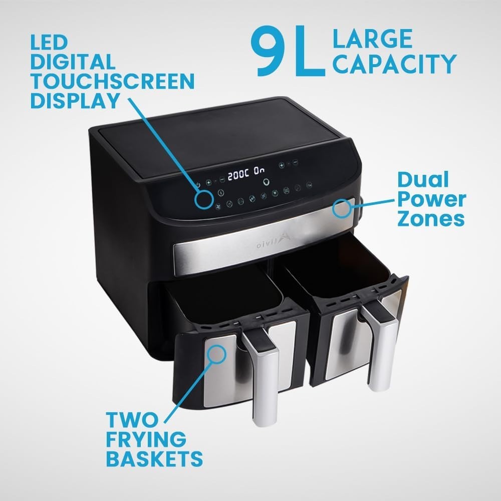 9L Dual Basket Air Fryer | 8 Presets, Dual Power Zones, Touchscreen, Low-Oil, 17