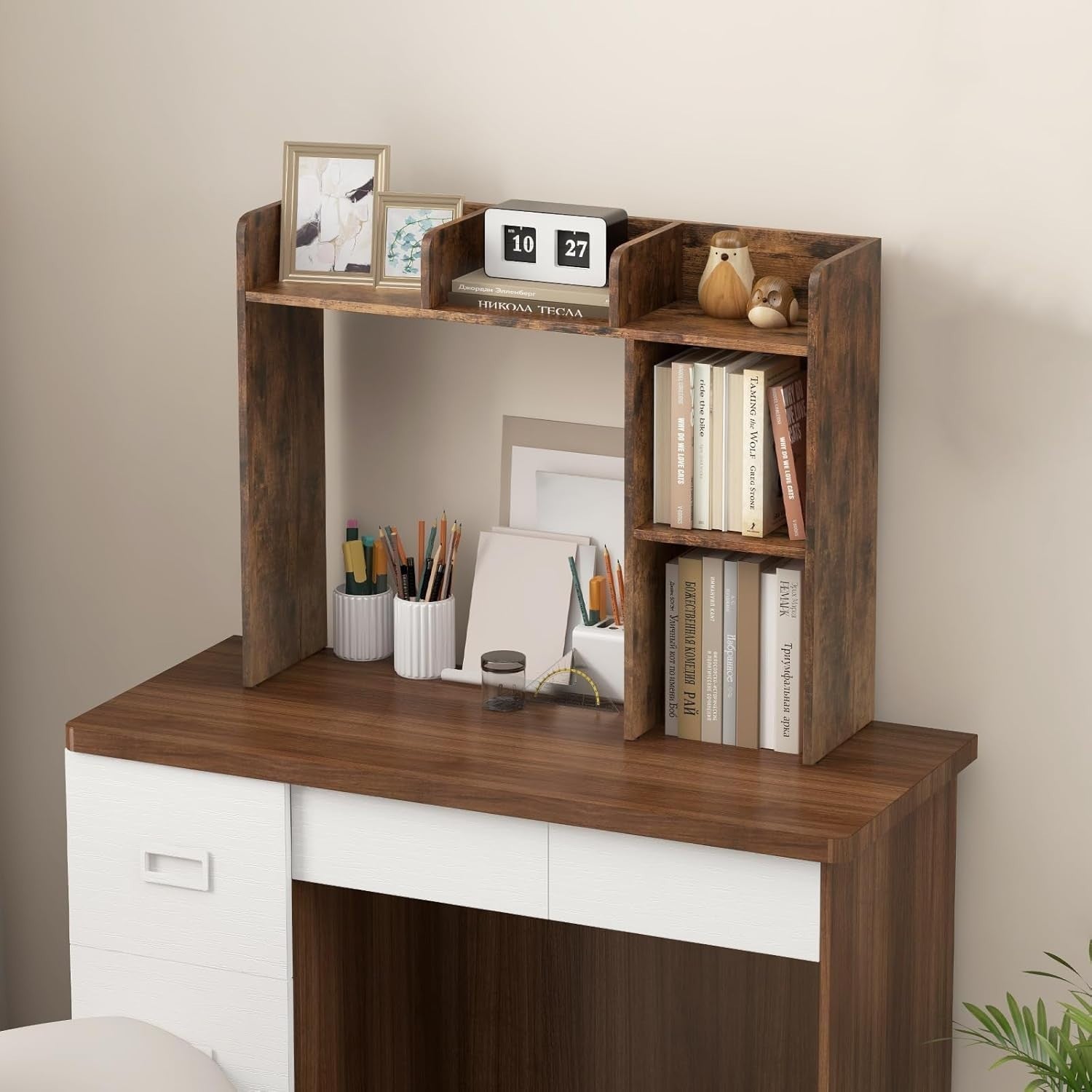 Rustic Brown 4-Tier Desktop Bookshelf 94cm Desk Hutch Storage Organiser