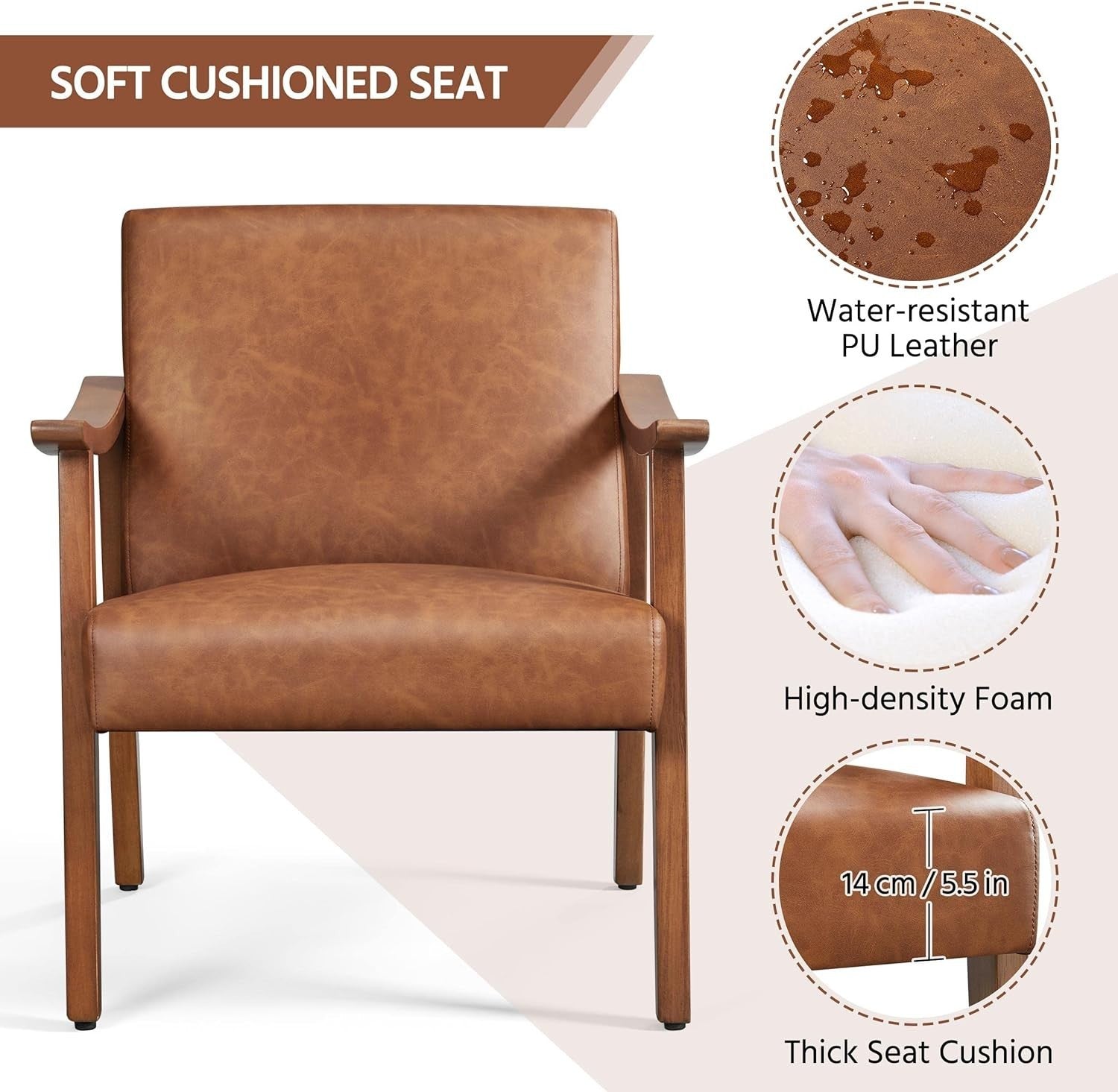 Faux Leather Armchair Retro Wood Frame Lounge Chair Comfy Seat Office