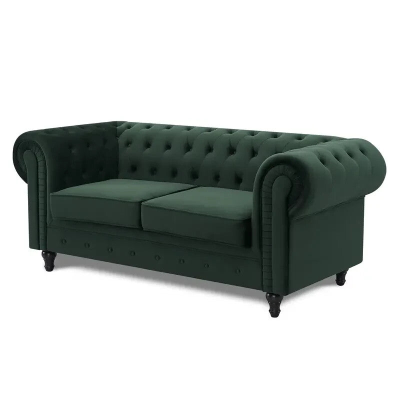 Green Velvet Chesterfield Sofa 2 Seater Tufted Scroll Arm Wood Legs UK