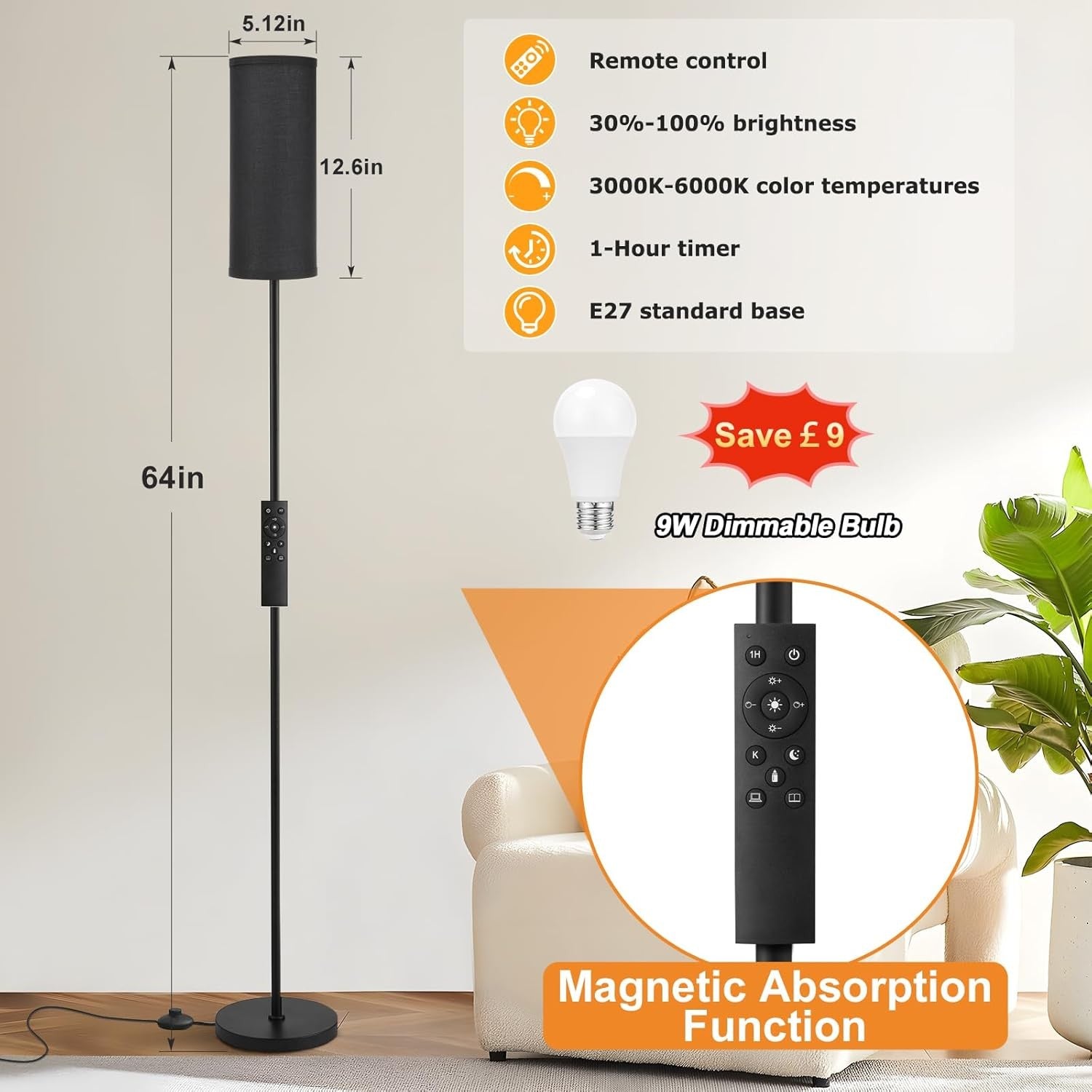 Black Corner Floor Lamp Remote Control Dimmable Standing Light Living Room