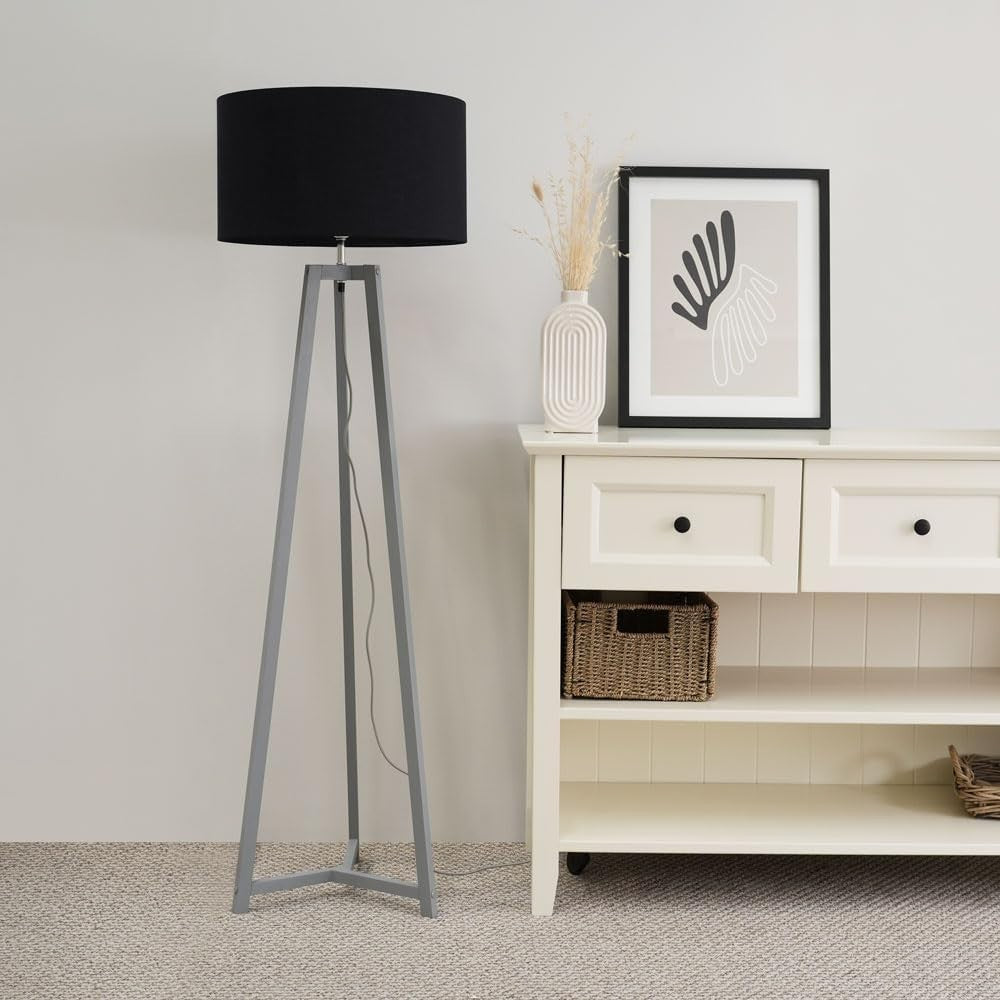 Grey Wooden Tripod Floor Lamp Black Fabric Drum Shade LED Light