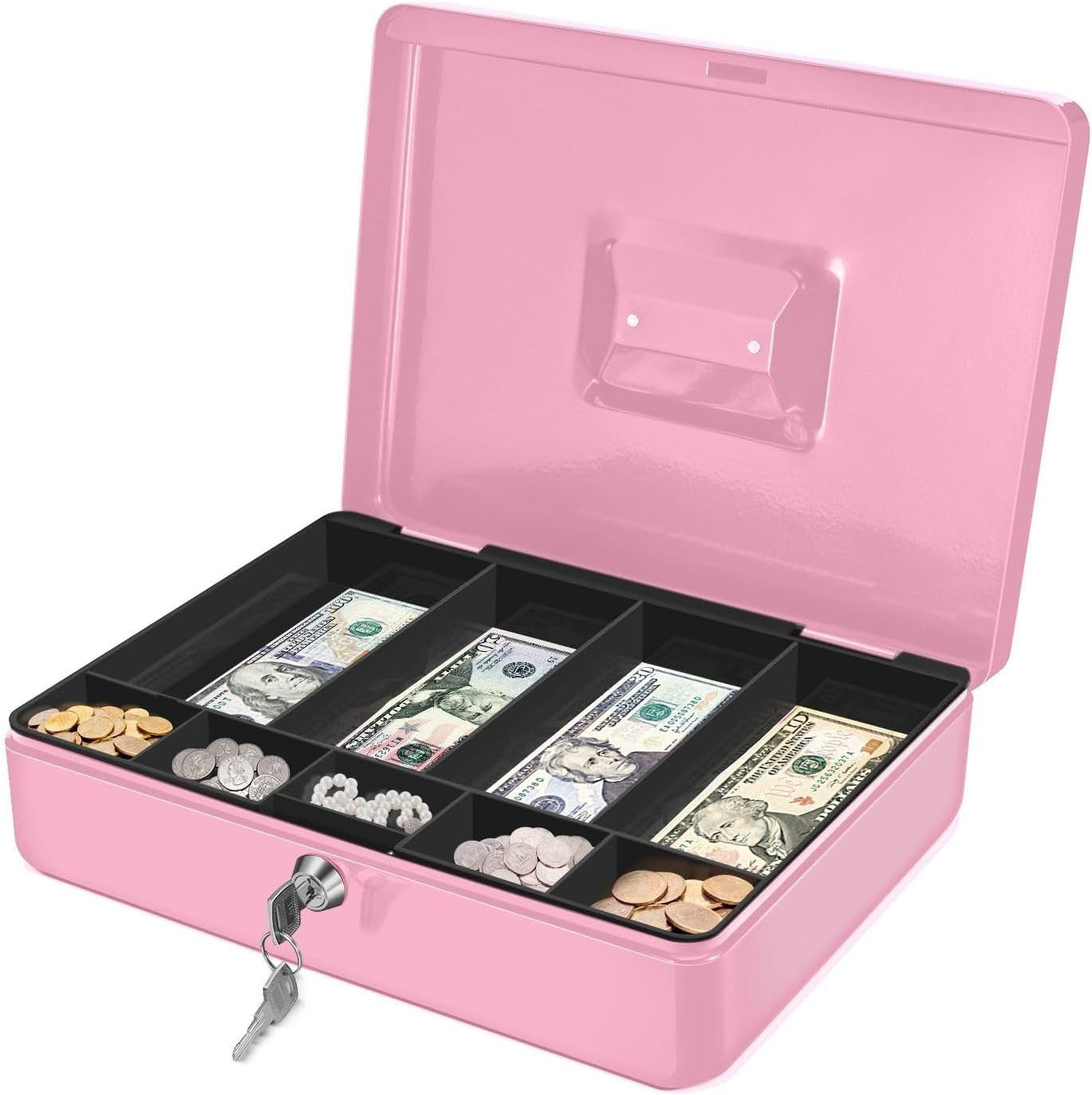 Pink Cash Box with Lock 9 Compartment Money Tray Portable Storage