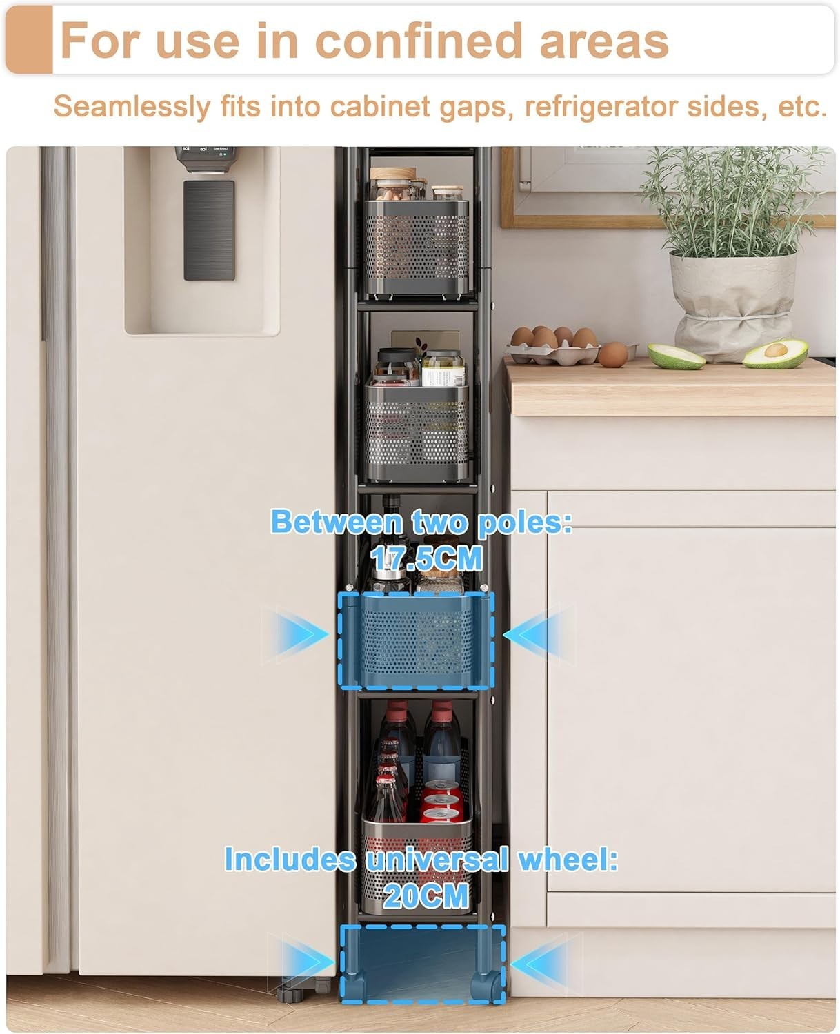 5 Tier Slim Rolling Kitchen Trolley Pull Out Storage Cart Black