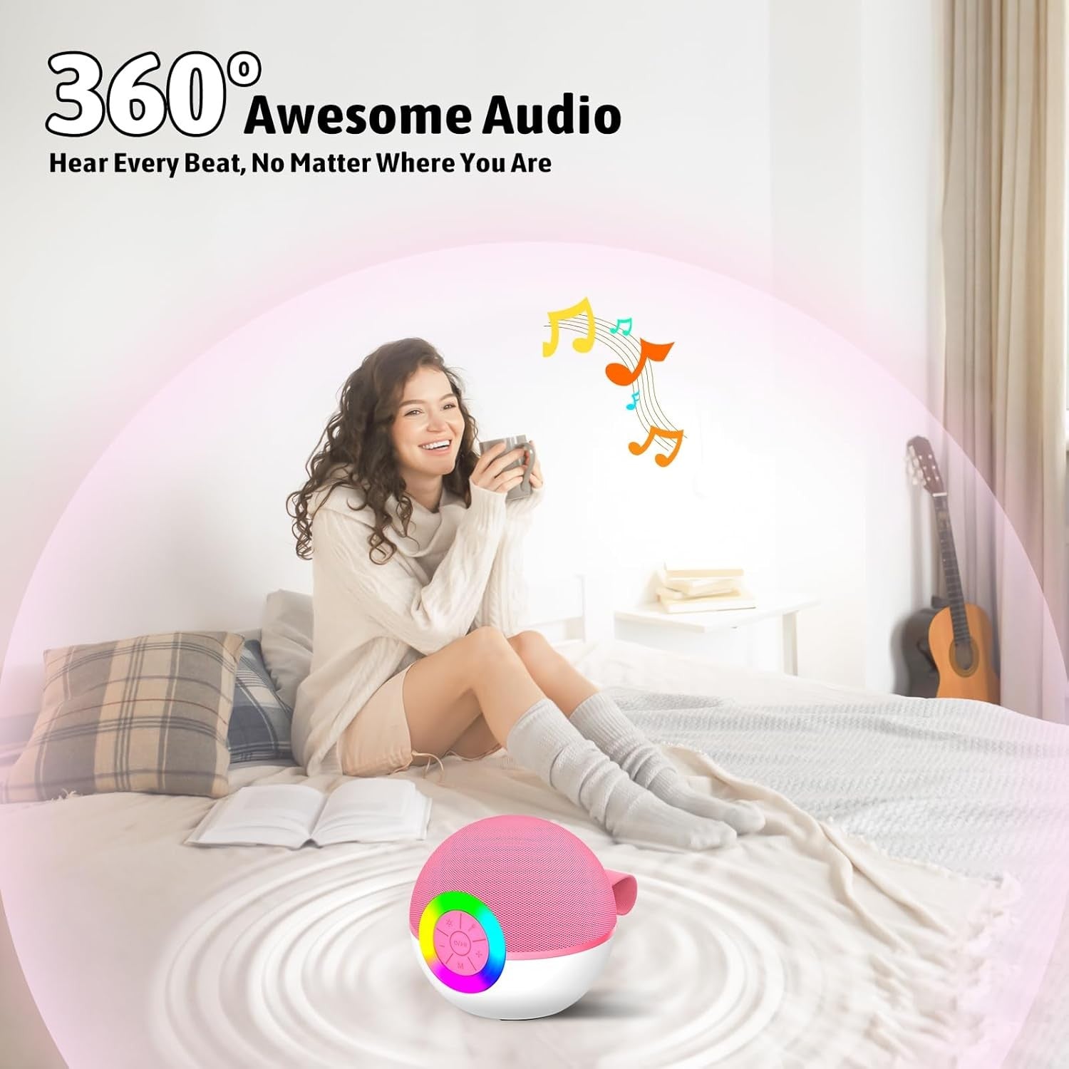 Pink Mini Karaoke Machine 1 Wireless Mic LED Voice Changer