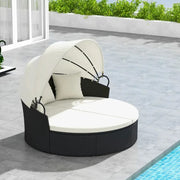 Outdoor Patio Rattan Round Daybed Sun Lounger w/ Retractable Canopy Cushions