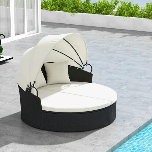 Outdoor Patio Rattan Round Daybed Sun Lounger w/ Retractable Canopy Cushions