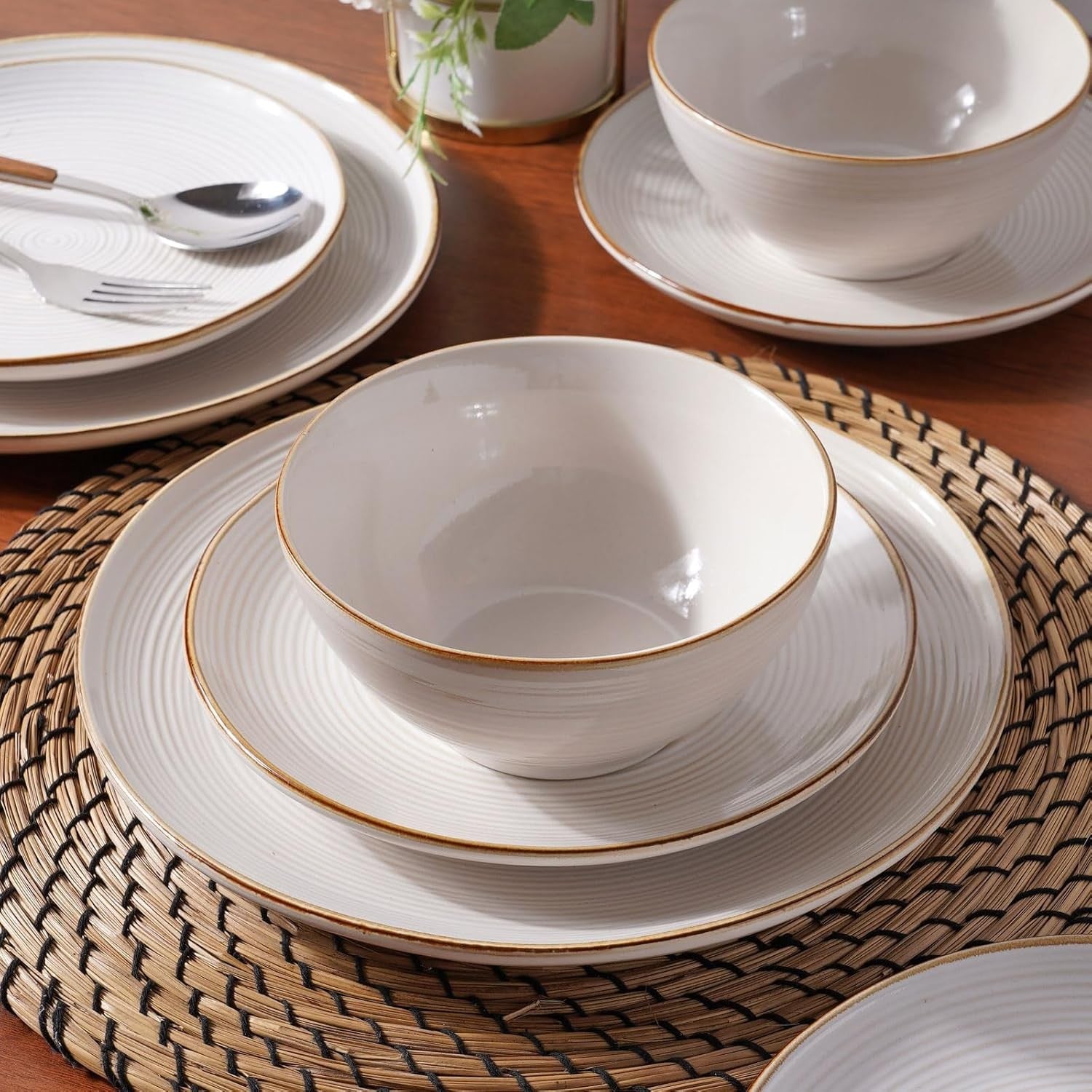 18pc Stoneware Dinner Set Swirl Plates Bowls Dishwasher Microwave Safe