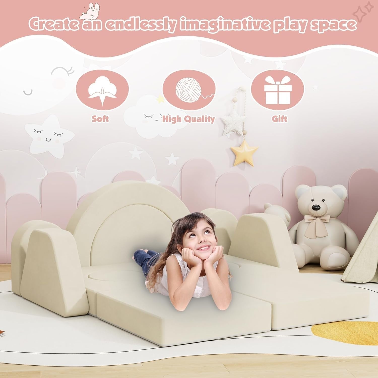 Modular Kids Play Couch Sofa Bed Foam Fort Building Set Beige