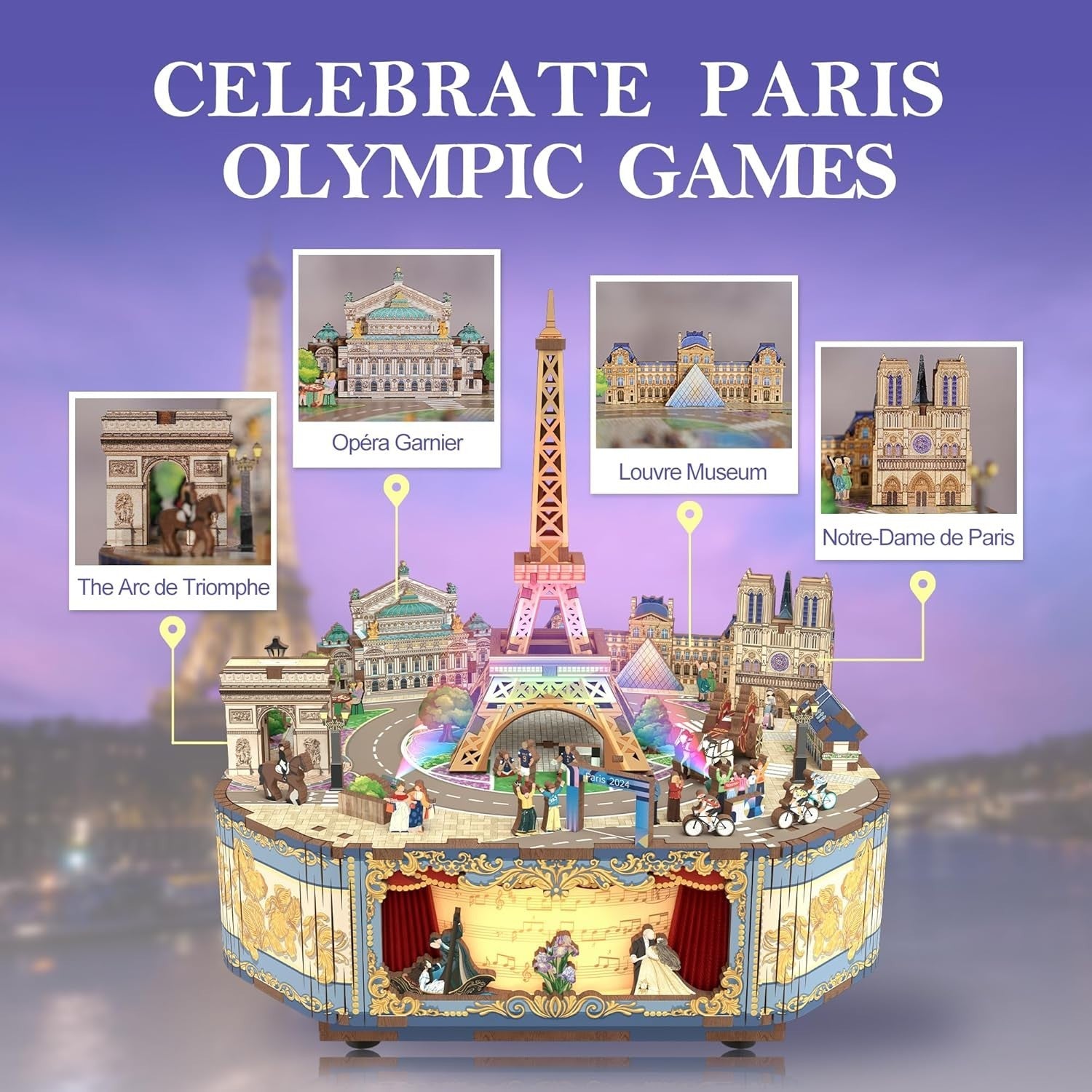 Wooden 3D Music Box Puzzle for Adults DIY Paris Decor Gift  LED Lights