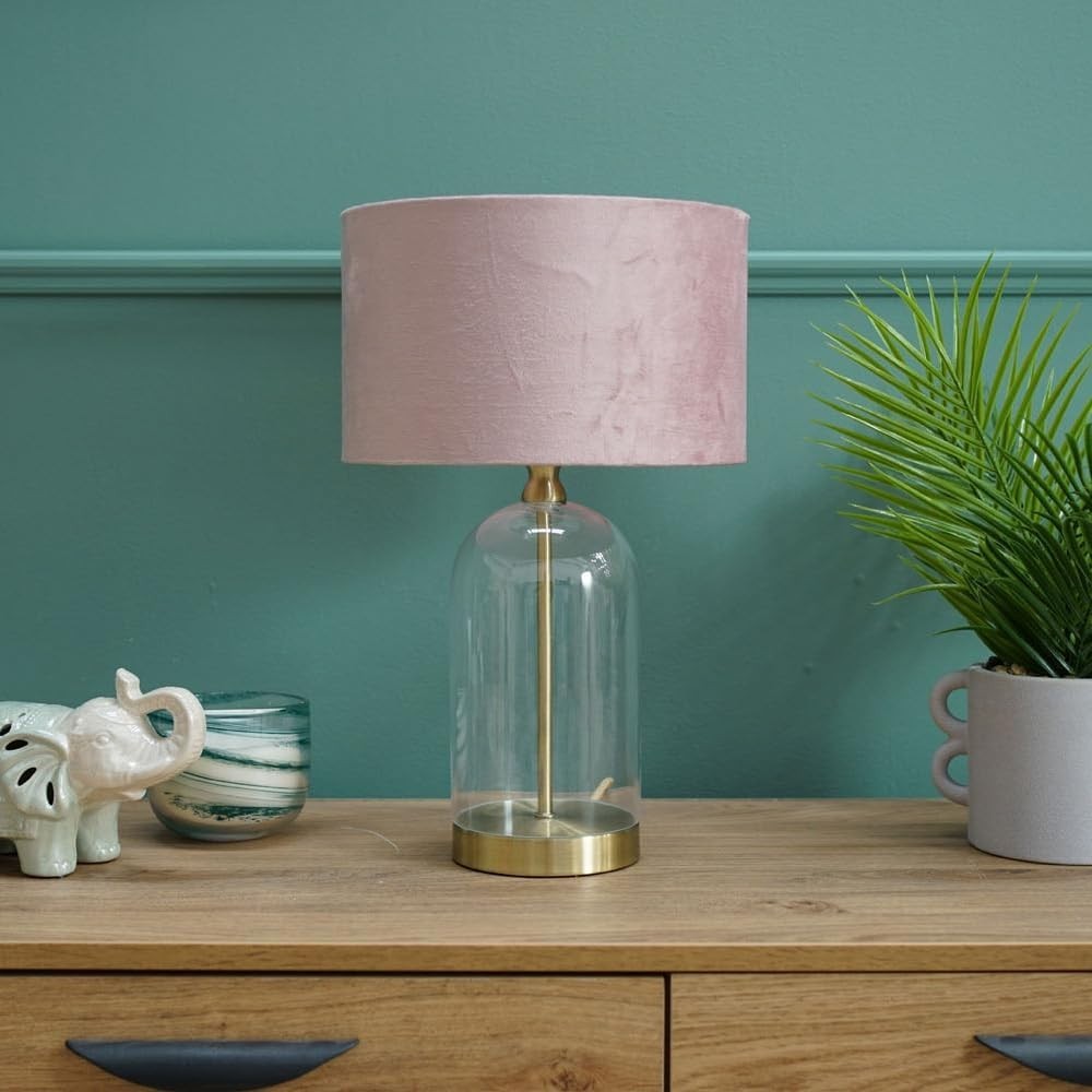 Gold Glass Table Lamp Pink Velvet Shade Bedside Desk Light Modern Decor