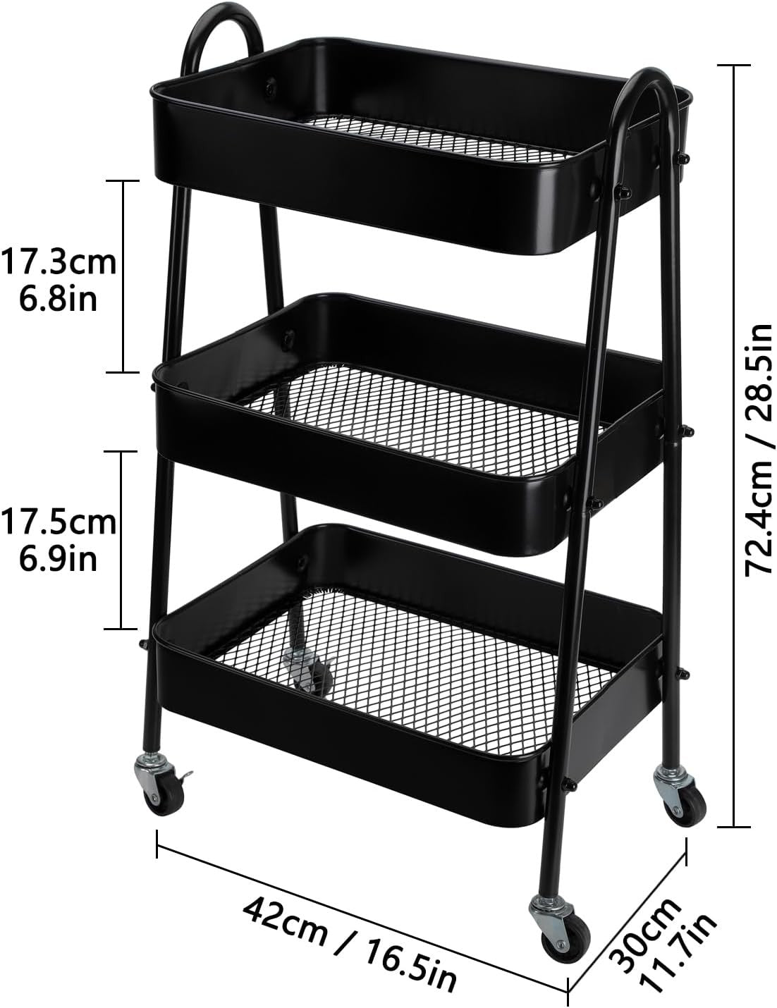 3 Tier Storage Trolley Wheels Slim Metal Rolling Cart Lockable Castors